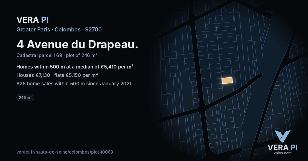 4 Avenue du Drapeau, Colombes at night – the plot lit, the parcels around coloured by the prices near them