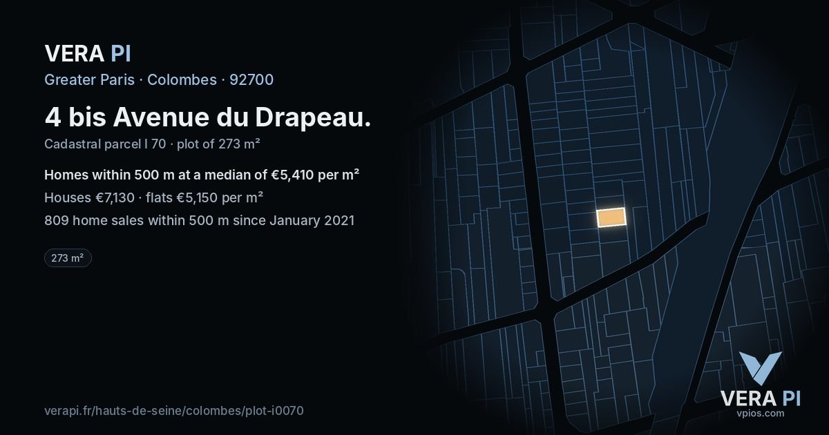 4 bis Avenue du Drapeau, Colombes at night – the plot lit, the parcels around coloured by the prices near them