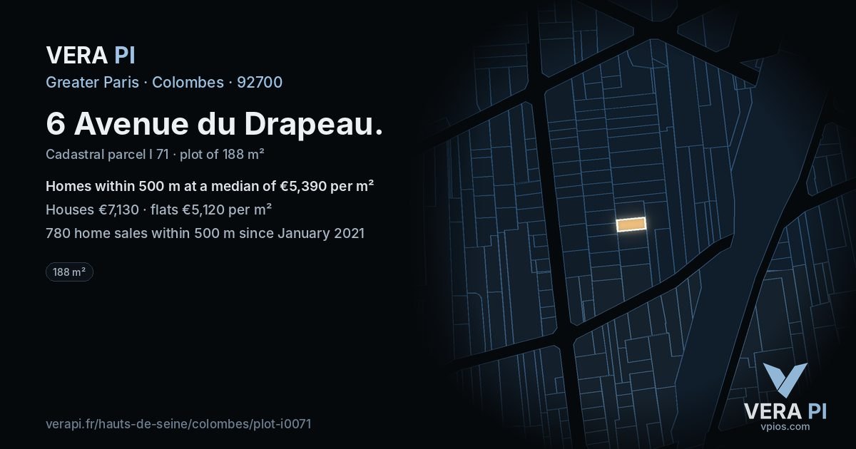 6 Avenue du Drapeau, Colombes at night – the plot lit, the parcels around coloured by the prices near them