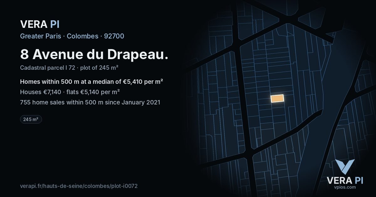 8 Avenue du Drapeau, Colombes at night – the plot lit, the parcels around coloured by the prices near them