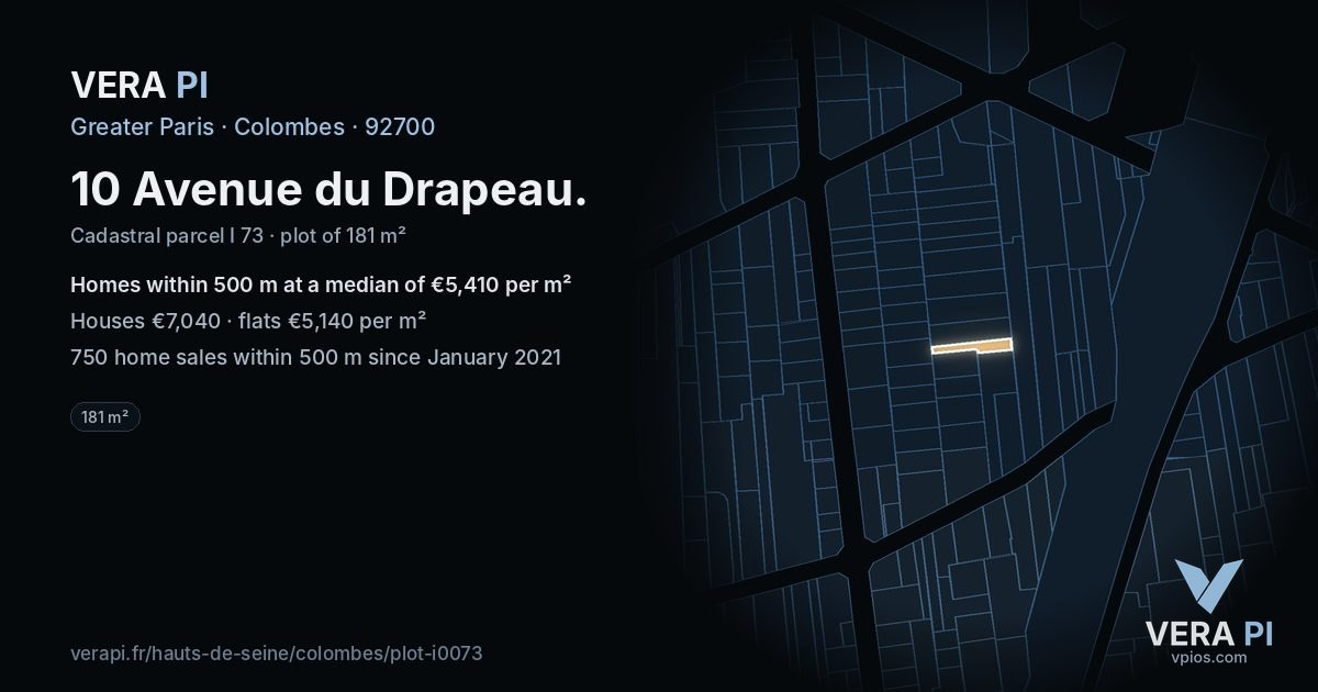 10 Avenue du Drapeau, Colombes at night – the plot lit, the parcels around coloured by the prices near them