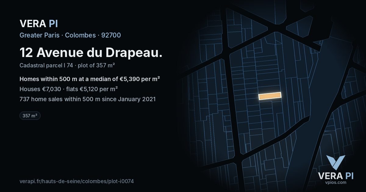 12 Avenue du Drapeau, Colombes at night – the plot lit, the parcels around coloured by the prices near them