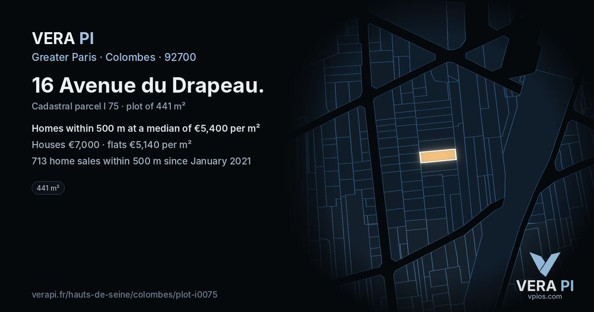 16 Avenue du Drapeau, Colombes at night – the plot lit, the parcels around coloured by the prices near them
