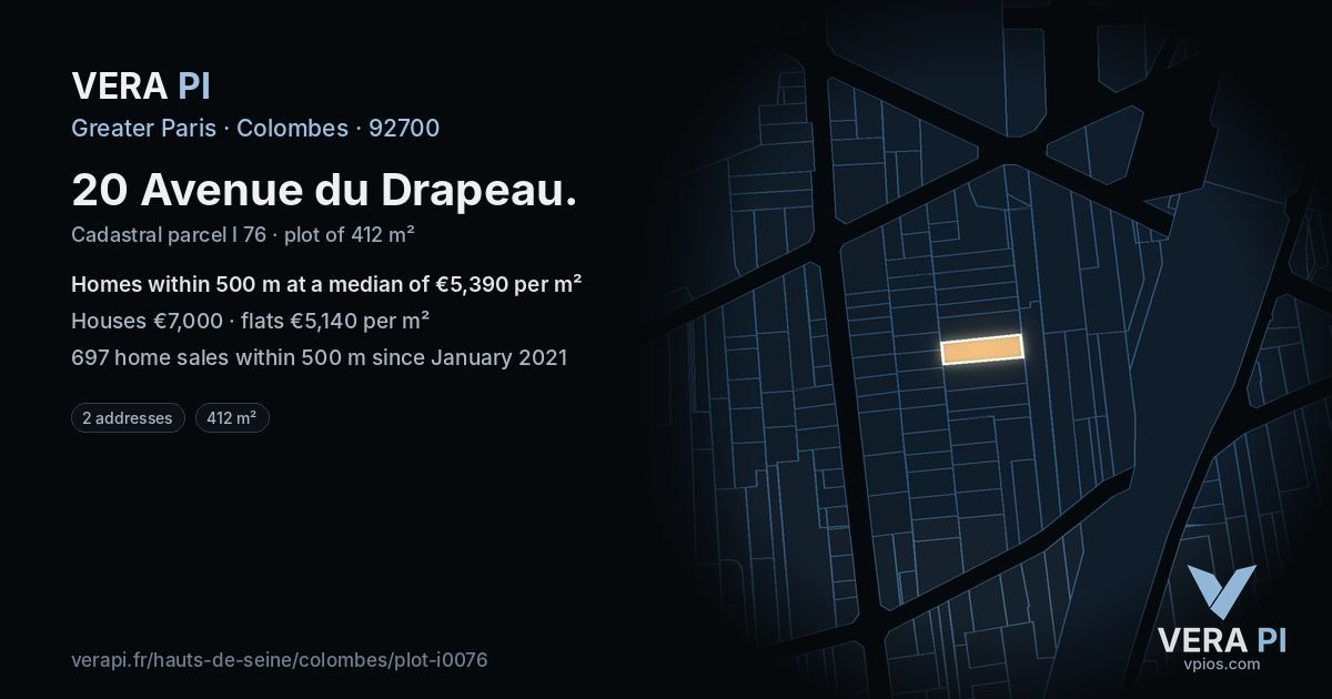 20 Avenue du Drapeau, Colombes at night – the plot lit, the parcels around coloured by the prices near them