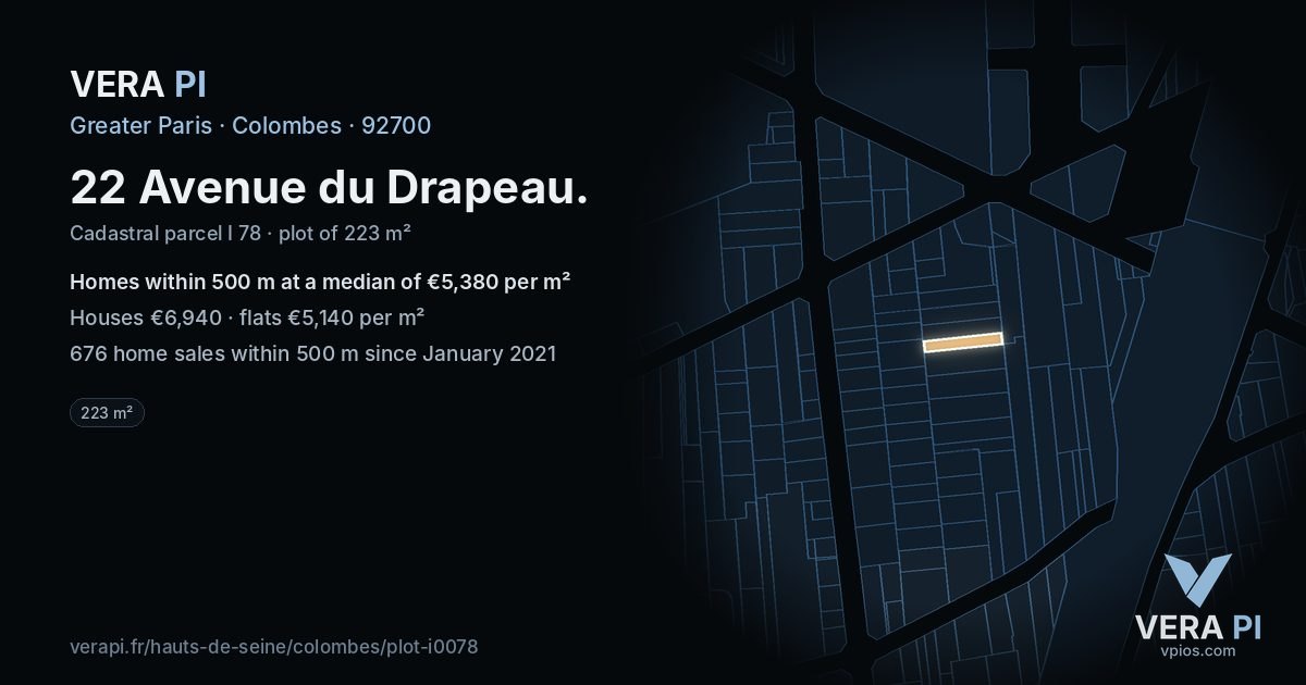 22 Avenue du Drapeau, Colombes at night – the plot lit, the parcels around coloured by the prices near them