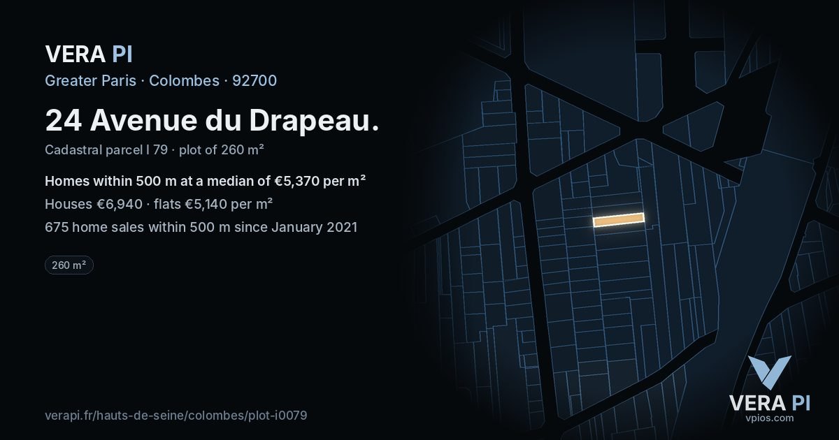 24 Avenue du Drapeau, Colombes at night – the plot lit, the parcels around coloured by the prices near them