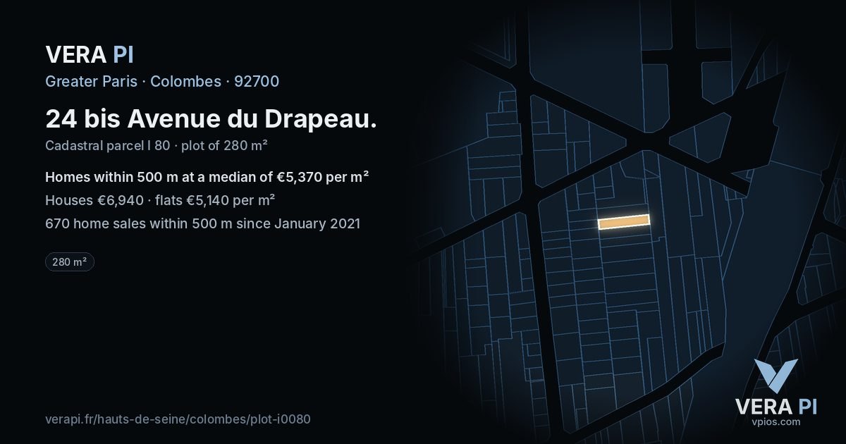 24 bis Avenue du Drapeau, Colombes at night – the plot lit, the parcels around coloured by the prices near them