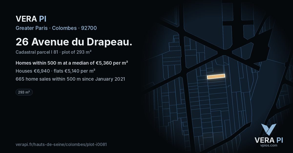 26 Avenue du Drapeau, Colombes at night – the plot lit, the parcels around coloured by the prices near them