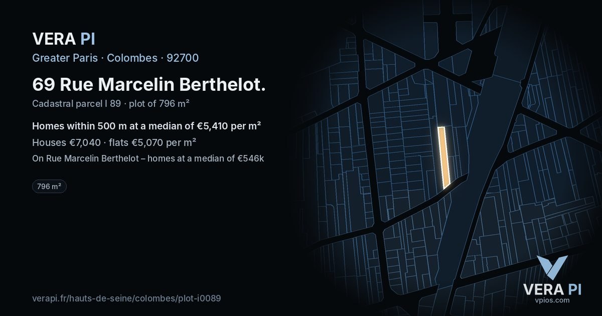 69 Rue Marcelin Berthelot, Colombes at night – the plot lit, the parcels around coloured by the prices near them