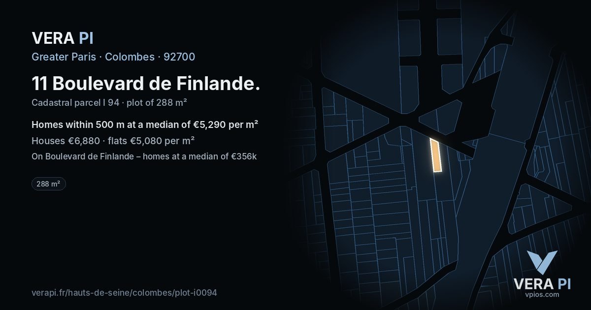 11 Boulevard de Finlande, Colombes at night – the plot lit, the parcels around coloured by the prices near them