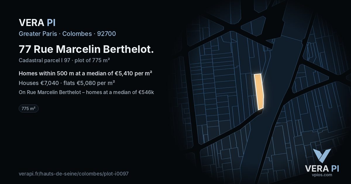 77 Rue Marcelin Berthelot, Colombes at night – the plot lit, the parcels around coloured by the prices near them