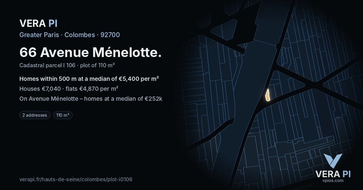 66 Avenue Ménelotte, Colombes at night – the plot lit, the parcels around coloured by the prices near them