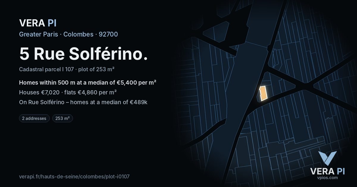 5 Rue Solférino, Colombes at night – the plot lit, the parcels around coloured by the prices near them