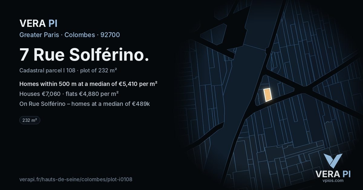 7 Rue Solférino, Colombes at night – the plot lit, the parcels around coloured by the prices near them
