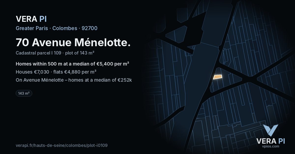 70 Avenue Ménelotte, Colombes at night – the plot lit, the parcels around coloured by the prices near them