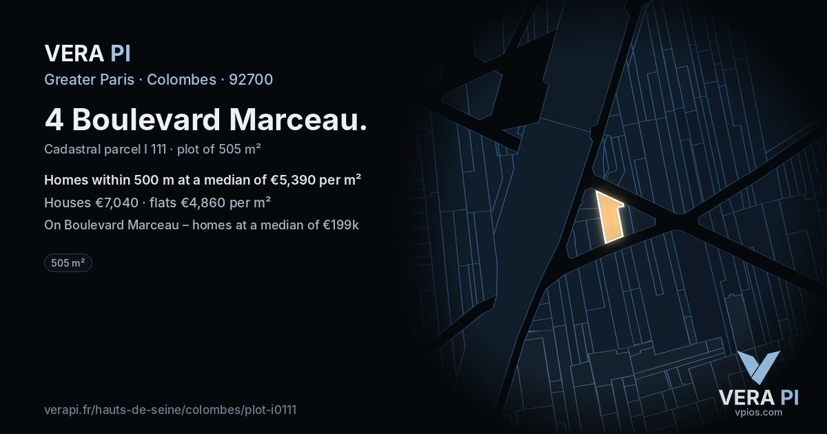 4 Boulevard Marceau, Colombes at night – the plot lit, the parcels around coloured by the prices near them