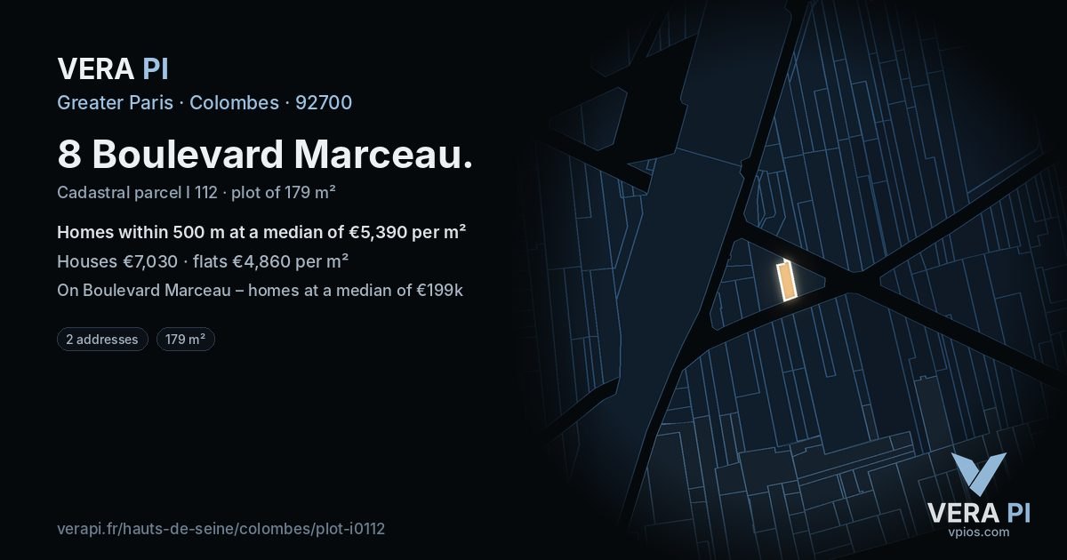 8 Boulevard Marceau, Colombes at night – the plot lit, the parcels around coloured by the prices near them