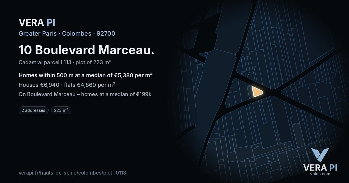 10 Boulevard Marceau, Colombes at night – the plot lit, the parcels around coloured by the prices near them