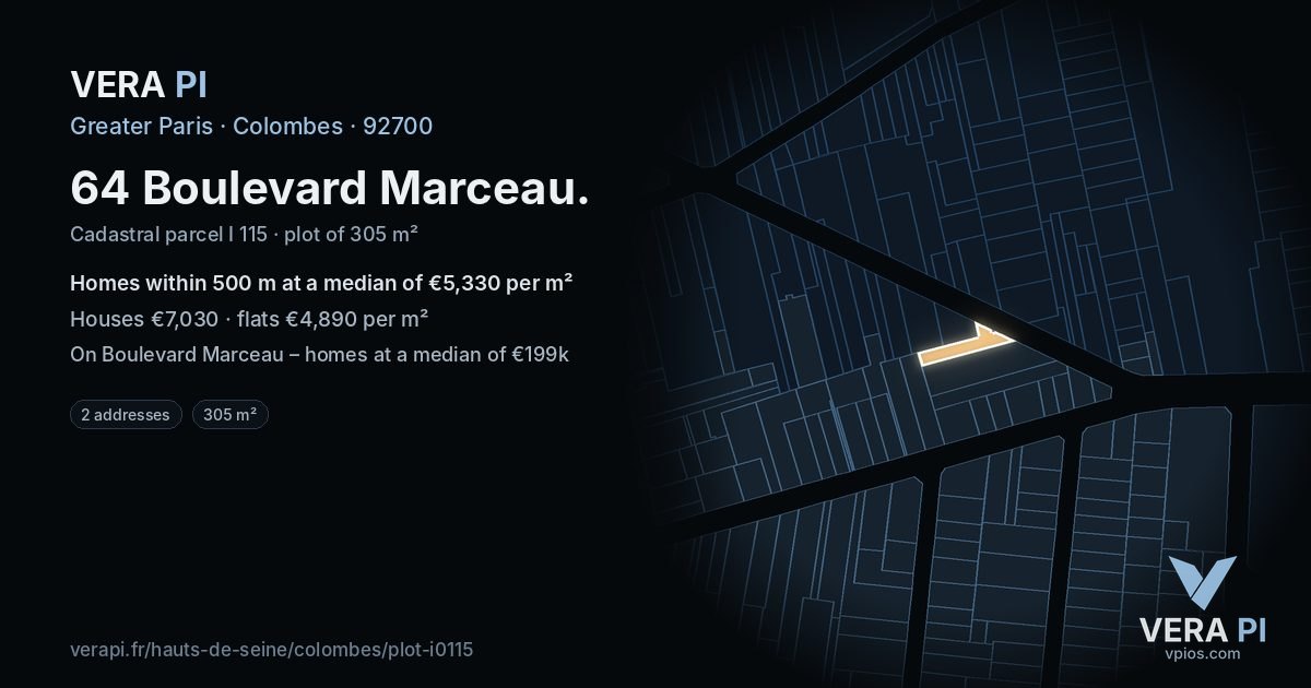 64 Boulevard Marceau, Colombes at night – the plot lit, the parcels around coloured by the prices near them