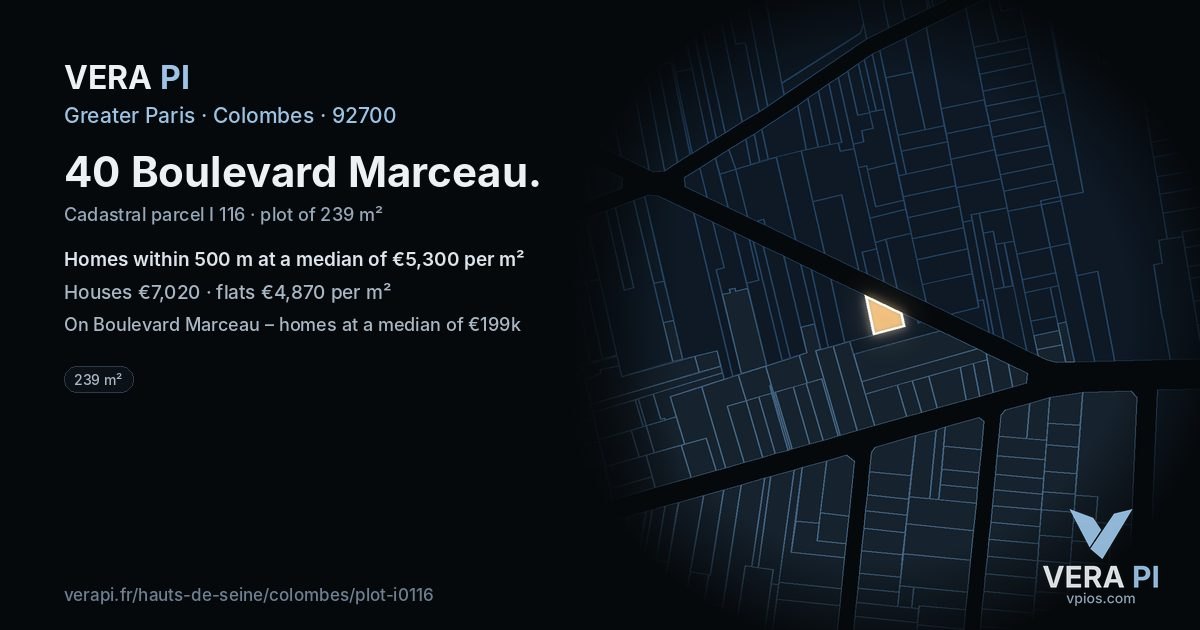 40 Boulevard Marceau, Colombes at night – the plot lit, the parcels around coloured by the prices near them