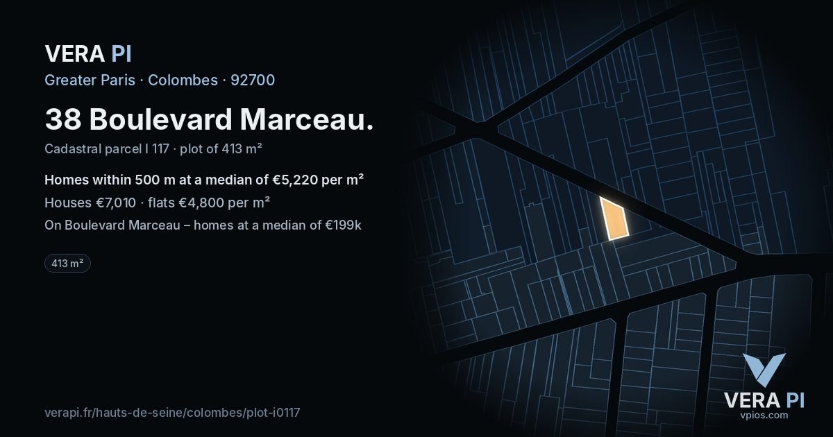 38 Boulevard Marceau, Colombes at night – the plot lit, the parcels around coloured by the prices near them
