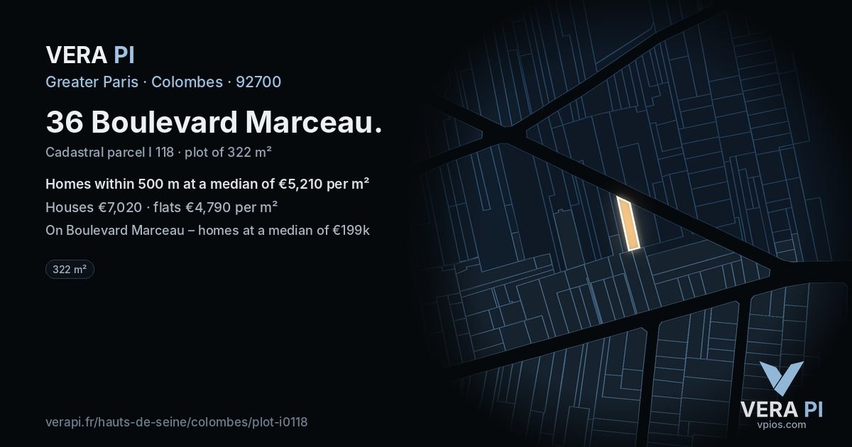 36 Boulevard Marceau, Colombes at night – the plot lit, the parcels around coloured by the prices near them