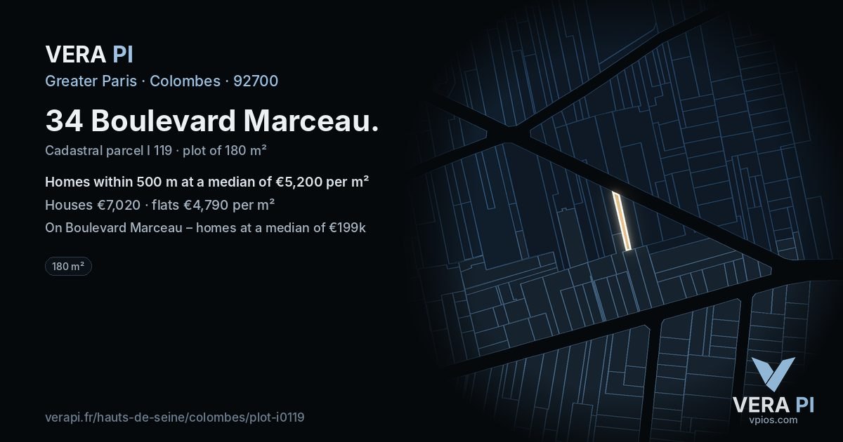 34 Boulevard Marceau, Colombes at night – the plot lit, the parcels around coloured by the prices near them