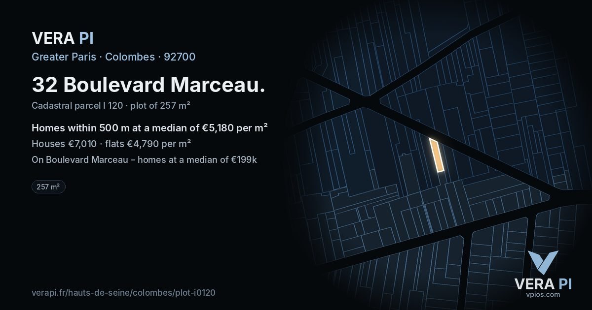 32 Boulevard Marceau, Colombes at night – the plot lit, the parcels around coloured by the prices near them