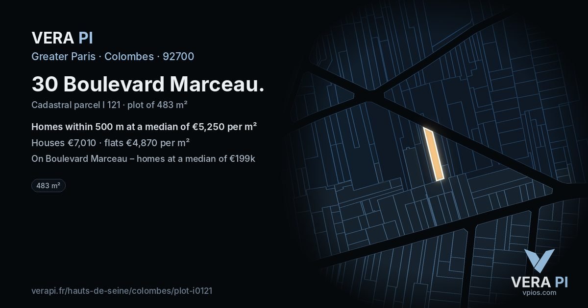 30 Boulevard Marceau, Colombes at night – the plot lit, the parcels around coloured by the prices near them