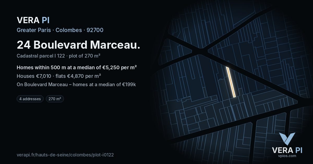 24 Boulevard Marceau, Colombes at night – the plot lit, the parcels around coloured by the prices near them