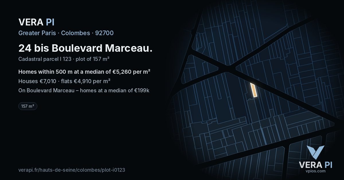 24 bis Boulevard Marceau, Colombes at night – the plot lit, the parcels around coloured by the prices near them