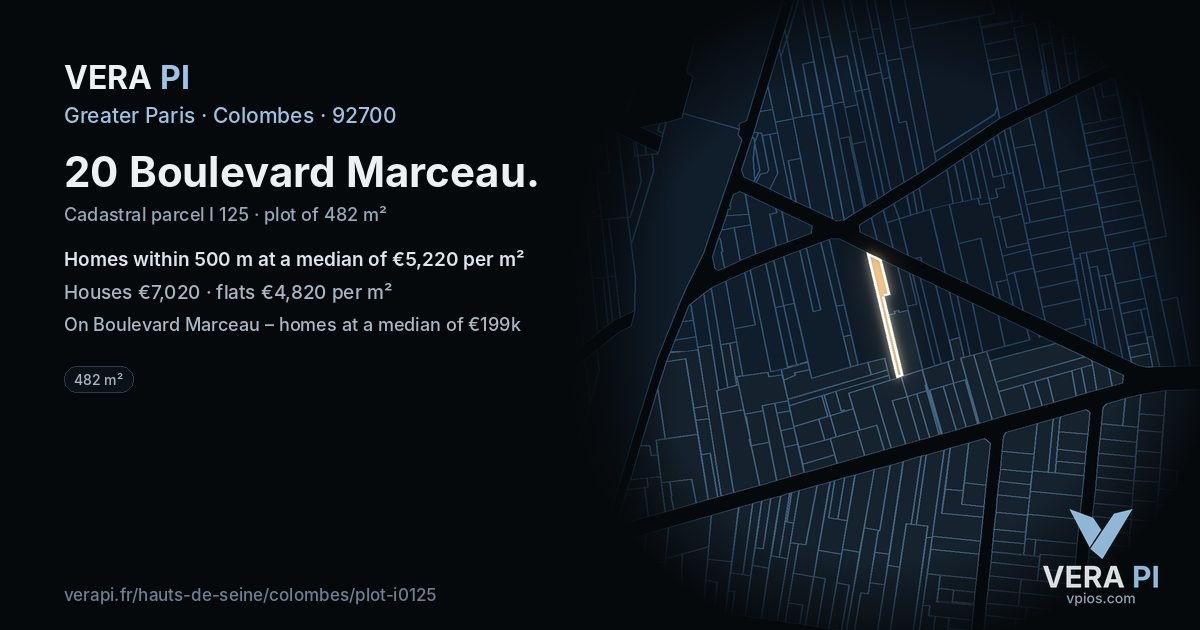 20 Boulevard Marceau, Colombes at night – the plot lit, the parcels around coloured by the prices near them