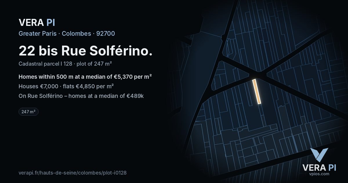22 bis Rue Solférino, Colombes at night – the plot lit, the parcels around coloured by the prices near them