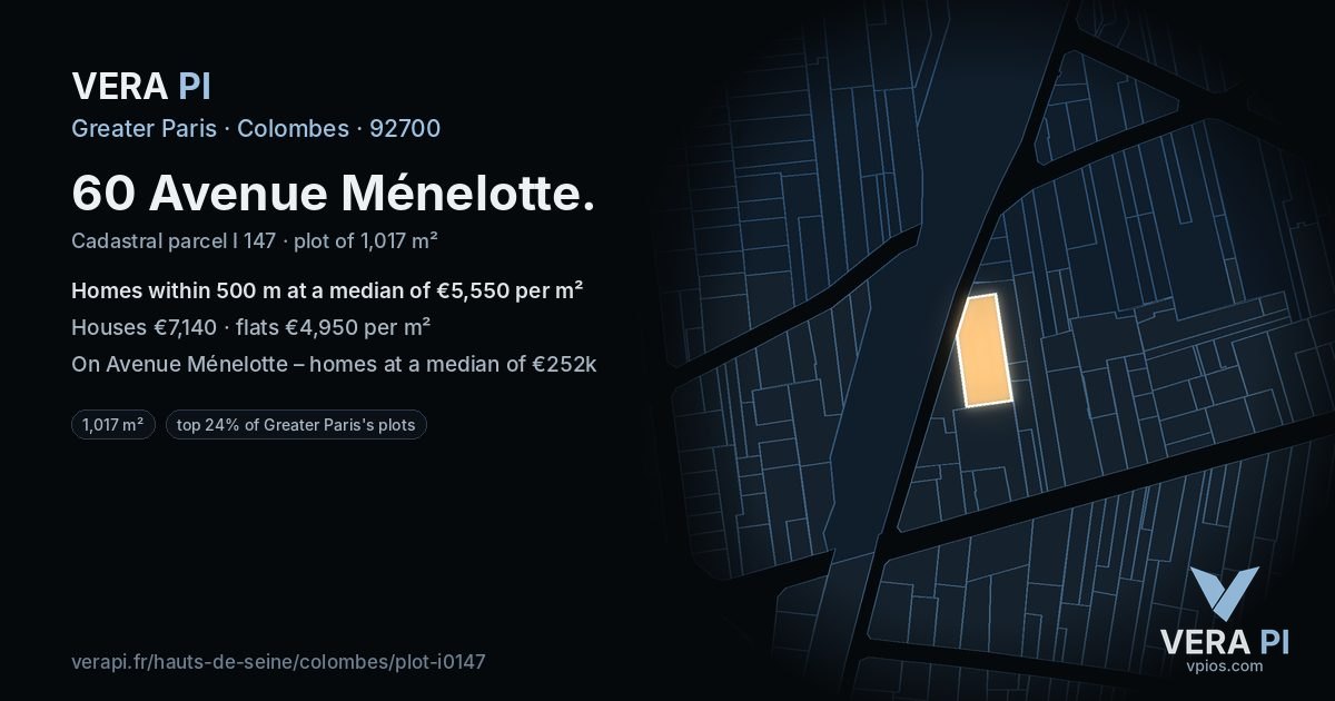 60 Avenue Ménelotte, Colombes at night – the plot lit, the parcels around coloured by the prices near them