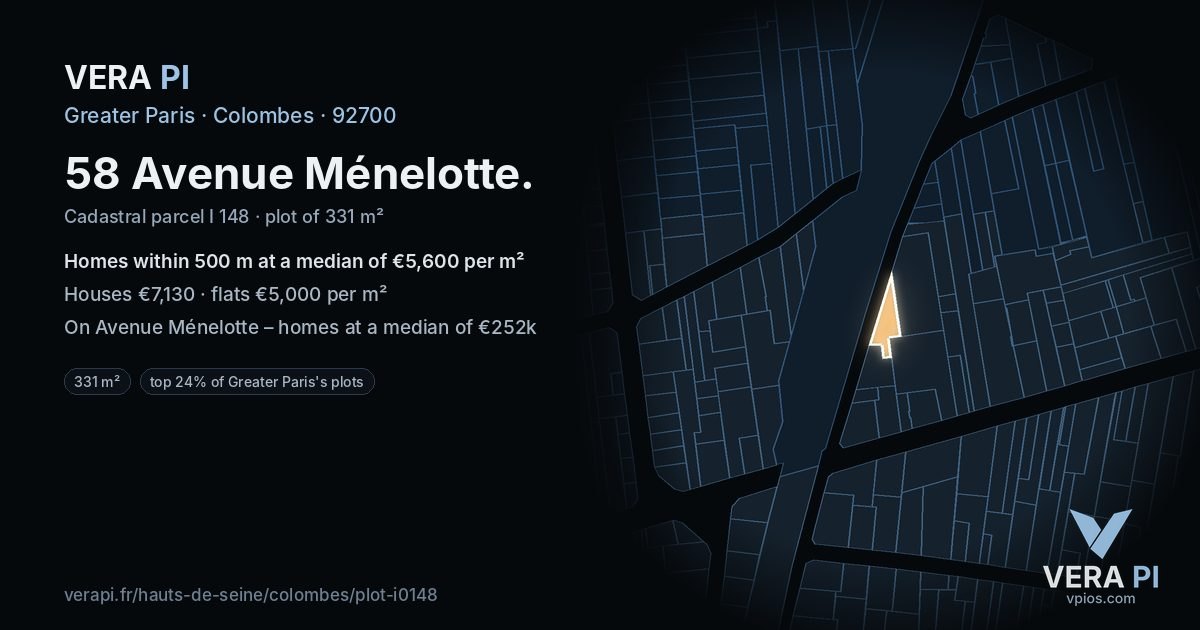 58 Avenue Ménelotte, Colombes at night – the plot lit, the parcels around coloured by the prices near them