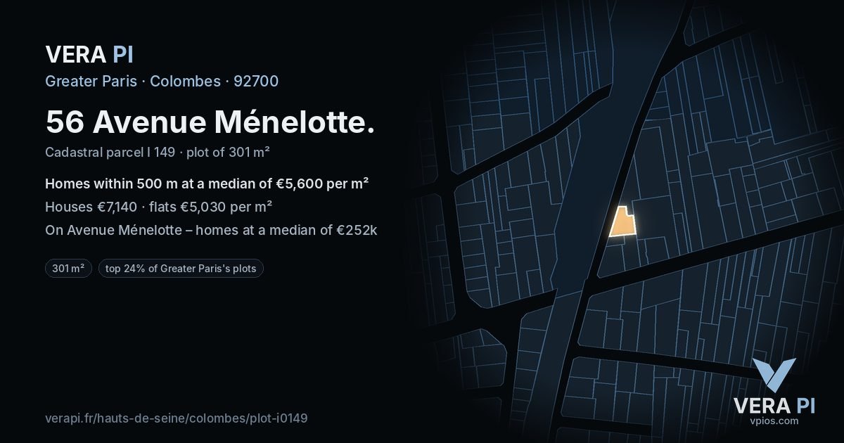 56 Avenue Ménelotte, Colombes at night – the plot lit, the parcels around coloured by the prices near them