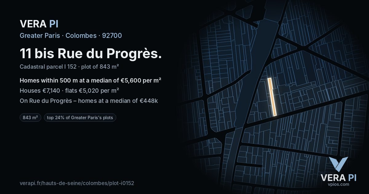 11 bis Rue du Progrès, Colombes at night – the plot lit, the parcels around coloured by the prices near them