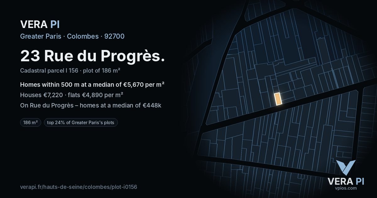 23 Rue du Progrès, Colombes at night – the plot lit, the parcels around coloured by the prices near them