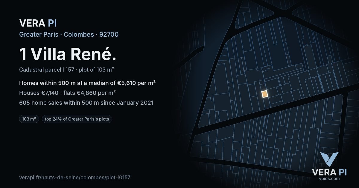 1 Villa René, Colombes at night – the plot lit, the parcels around coloured by the prices near them