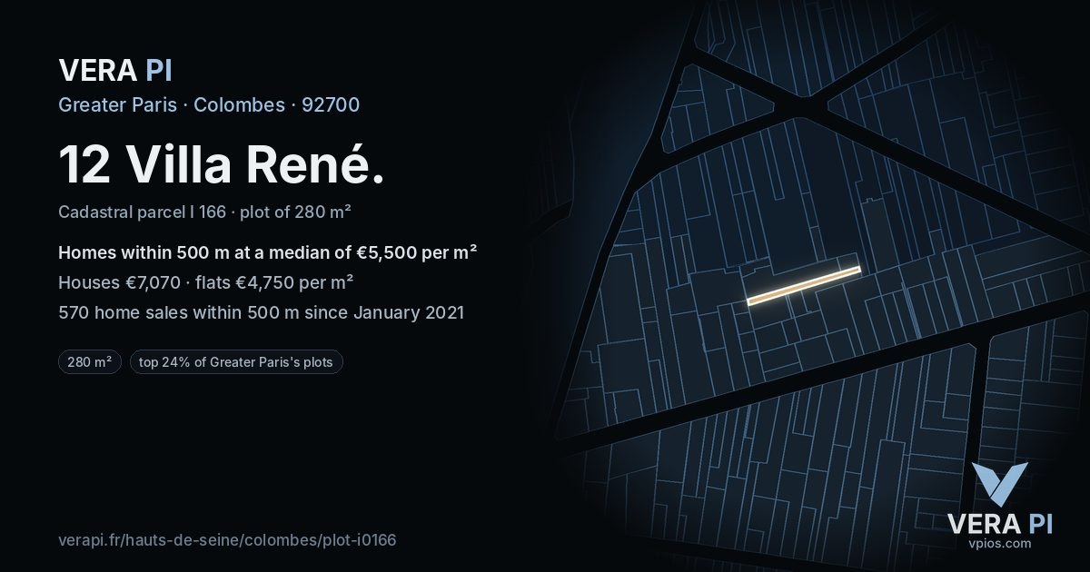 12 Villa René, Colombes at night – the plot lit, the parcels around coloured by the prices near them