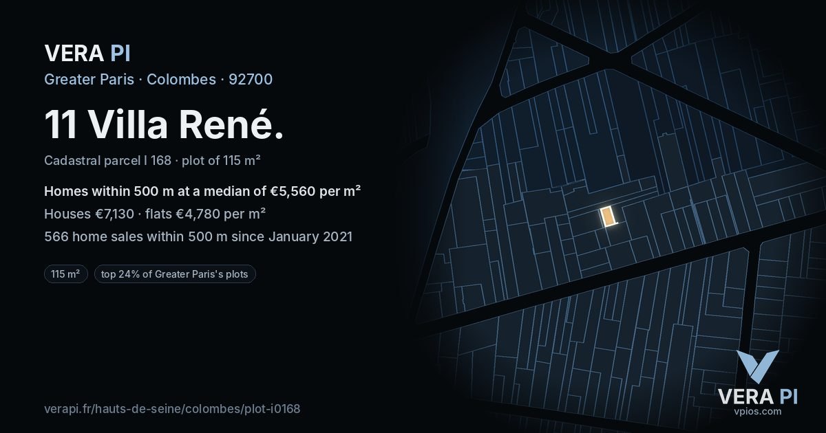 11 Villa René, Colombes at night – the plot lit, the parcels around coloured by the prices near them