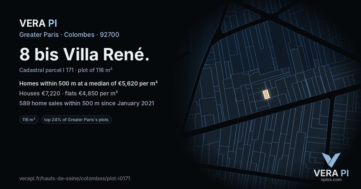 8 bis Villa René, Colombes at night – the plot lit, the parcels around coloured by the prices near them