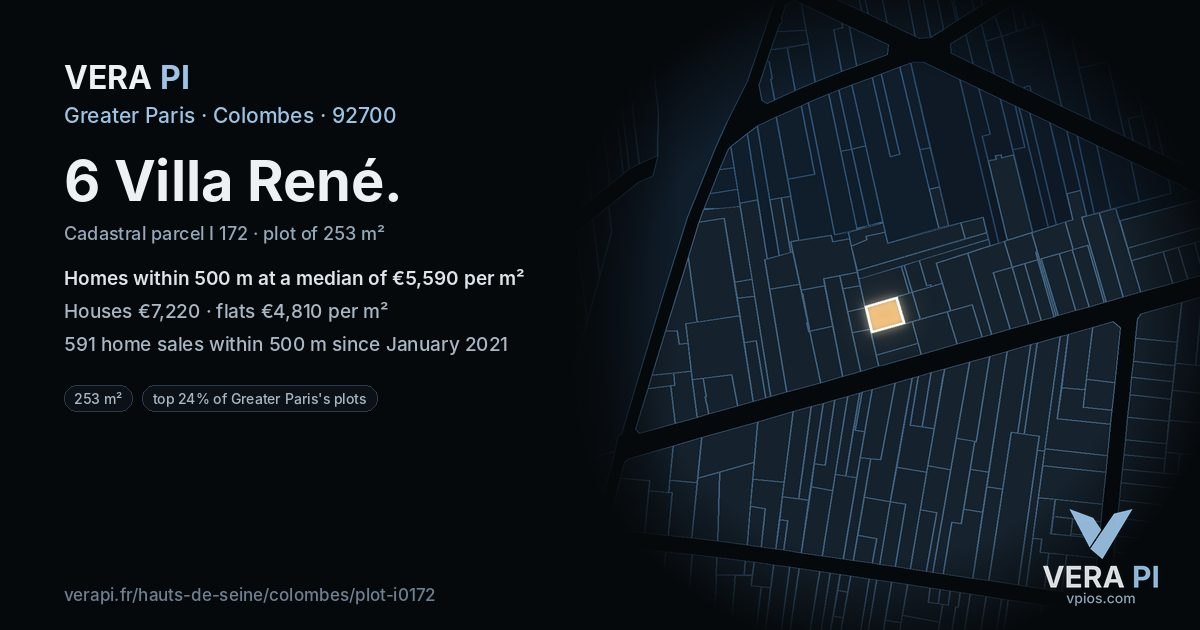 6 Villa René, Colombes at night – the plot lit, the parcels around coloured by the prices near them