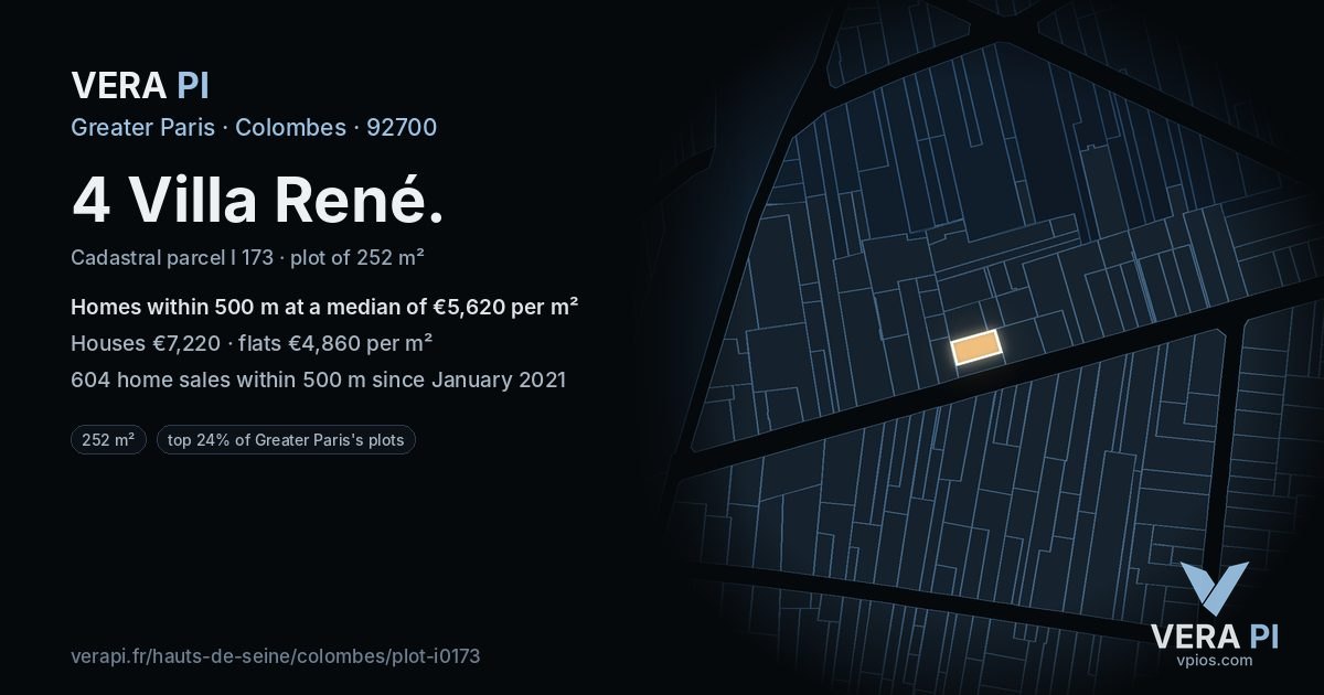 4 Villa René, Colombes at night – the plot lit, the parcels around coloured by the prices near them