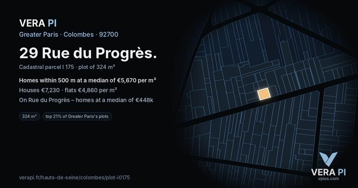 29 Rue du Progrès, Colombes at night – the plot lit, the parcels around coloured by the prices near them