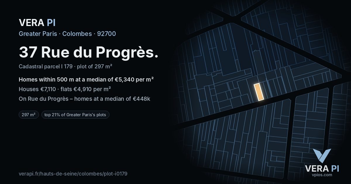 37 Rue du Progrès, Colombes at night – the plot lit, the parcels around coloured by the prices near them
