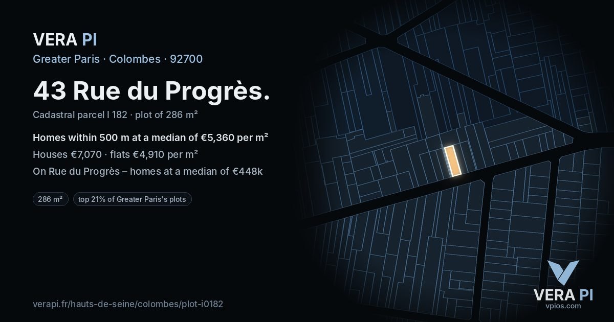43 Rue du Progrès, Colombes at night – the plot lit, the parcels around coloured by the prices near them
