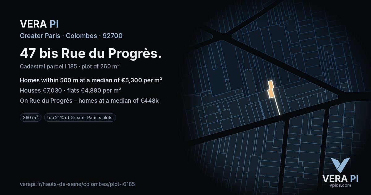 47 bis Rue du Progrès, Colombes at night – the plot lit, the parcels around coloured by the prices near them