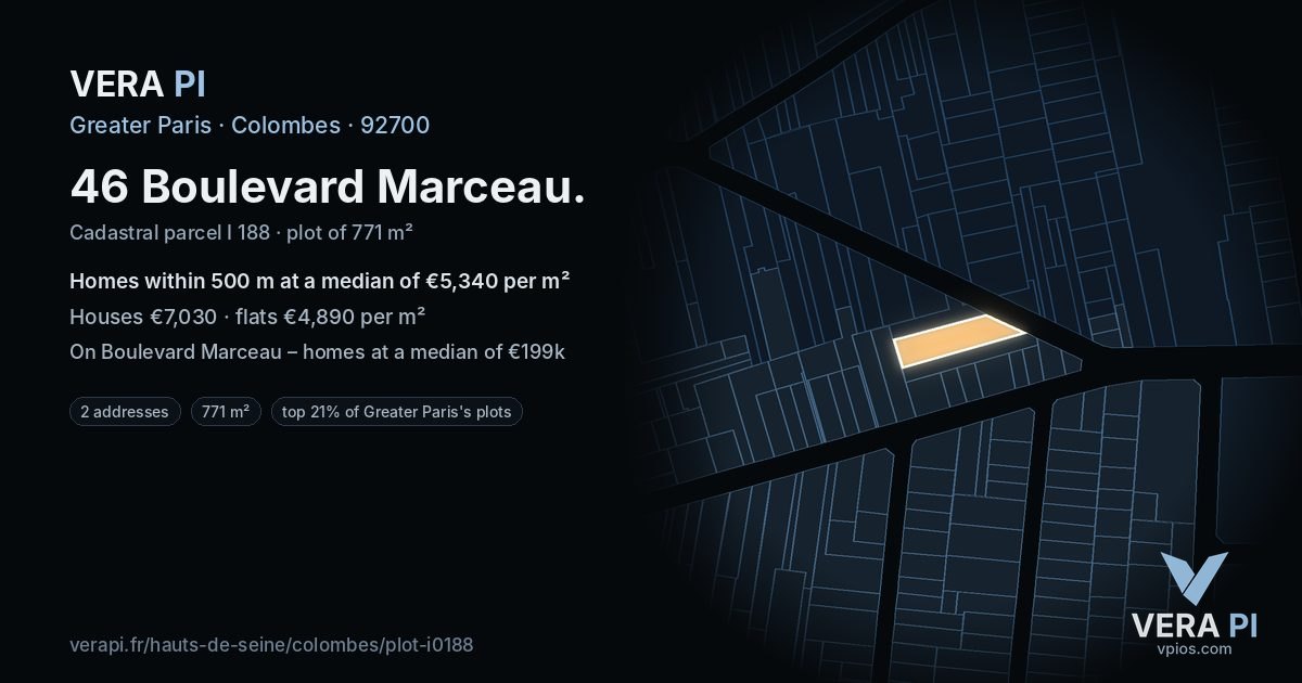 46 Boulevard Marceau, Colombes at night – the plot lit, the parcels around coloured by the prices near them