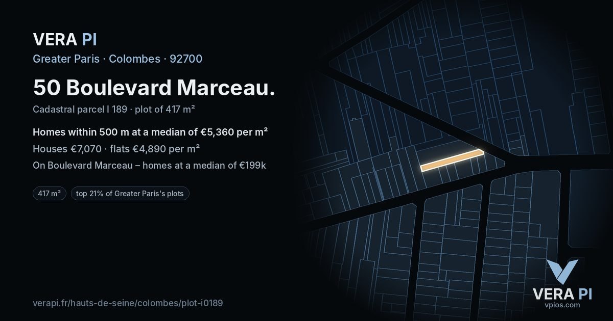 50 Boulevard Marceau, Colombes at night – the plot lit, the parcels around coloured by the prices near them